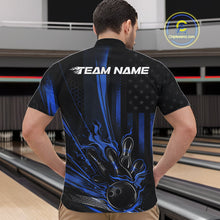 Load image into Gallery viewer, Custom Black And Blue US Flag Patriotic Men Bowling Shirt, American Flame Bowling Jerseys IPHW10641