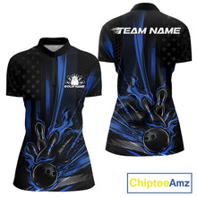 Load image into Gallery viewer, Custom Black And Blue US Flag Patriotic Women Bowling Shirt, Flame Bowling Jerseys IPHW10641