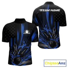Load image into Gallery viewer, Custom Black And Blue US Flag Patriotic Men Bowling Shirt, American Flame Bowling Jerseys IPHW10641