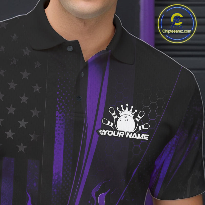 Custom Black And Purple US Flag Patriotic Men Bowling Shirt, American Flame Bowling Jersey IPHW10642
