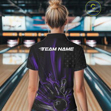 Load image into Gallery viewer, Custom Black And Purple US Flag Patriotic Women Bowling Shirt, American Flame Bowling Jersey IPHW10642