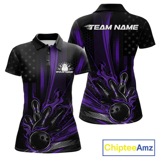 Custom Black And Purple US Flag Patriotic Women Bowling Shirt, American Flame Bowling Jersey IPHW10642