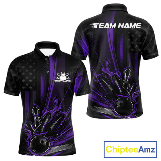 Custom Black And Purple US Flag Patriotic Men Bowling Shirt, American Flame Bowling Jersey IPHW10642