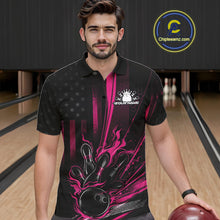 Load image into Gallery viewer, Custom Black And Pink US Flag Patriotic Men Bowling Shirt, American Flame Bowling Jersey IPHW10643