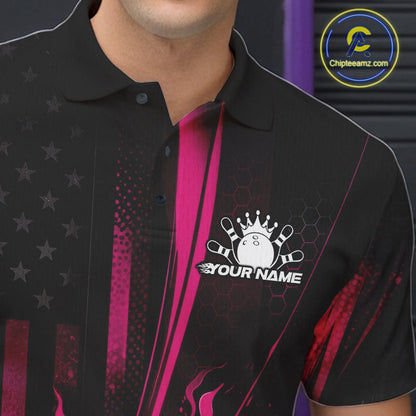 Custom Black And Pink US Flag Patriotic Men Bowling Shirt, American Flame Bowling Jersey IPHW10643