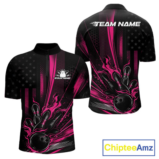 Custom Black And Pink US Flag Patriotic Men Bowling Shirt, American Flame Bowling Jersey IPHW10643