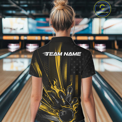 Custom Black And Yellow US Flag Patriotic Women Bowling Shirt, Flame Bowling Jersey IPHW10644