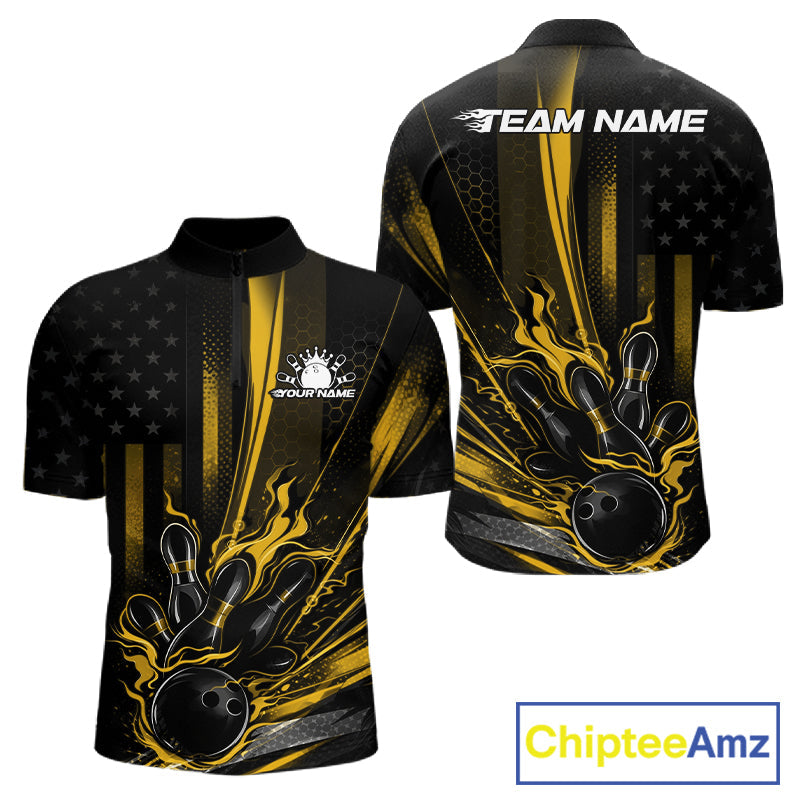 Custom Black And Yellow US Flag Patriotic Men Bowling Shirt, American Flame Bowling Jersey IPHW10644