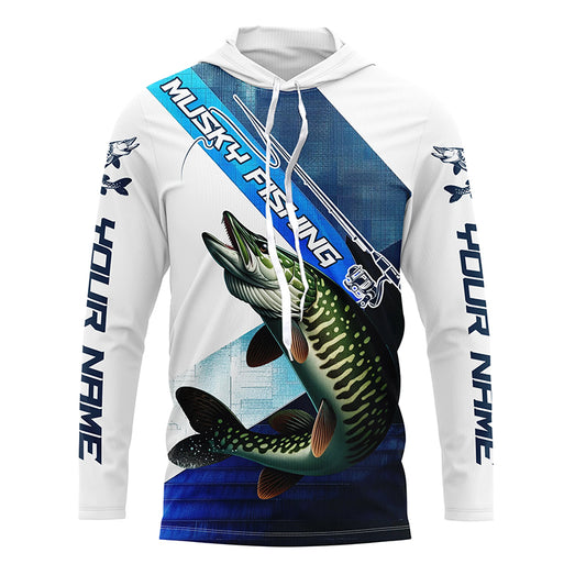 Musky Fishing Custom Long Sleeve Performance Shirts, Muskie Tournament Fishing Jerseys | Blue IPHW6286