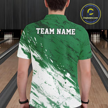 Load image into Gallery viewer, Back view of a male bowler in a bowling alley wearing a white and green bowling polo shirt with a splatter-style athletic jersey pattern