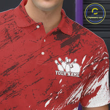 Load image into Gallery viewer, Red polo shirt with a bowling design and customizable text, brand 'Chipteeamz' visible.