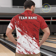 Load image into Gallery viewer, Man wearing a red and white bowling shirt with 'TEAM NAME' on the back, standing in a bowling alley.