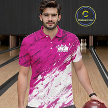 Load image into Gallery viewer, Man wearing a pink and white polo shirt with 'Your Name' text on a bowling alley background