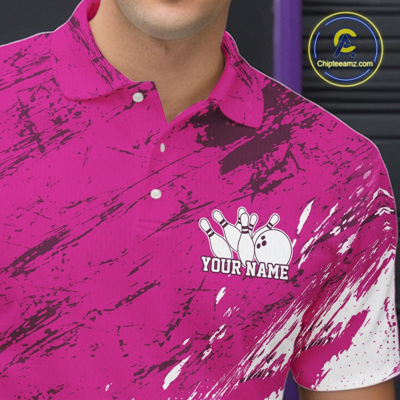 Pink polo shirt with bowling design and customizable text, brand 'Chipleemaz' visible.