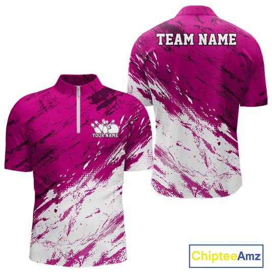 Front and back views of a men's quarter-zip bowling shirt featuring a white and pink paint splatter distressed sportswear design.
