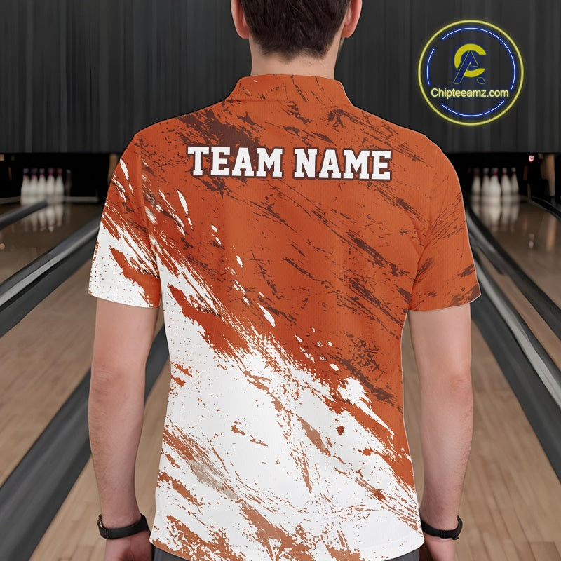 Person wearing a custom bowling shirt with 'TEAM NAME' on the back in a bowling alley.