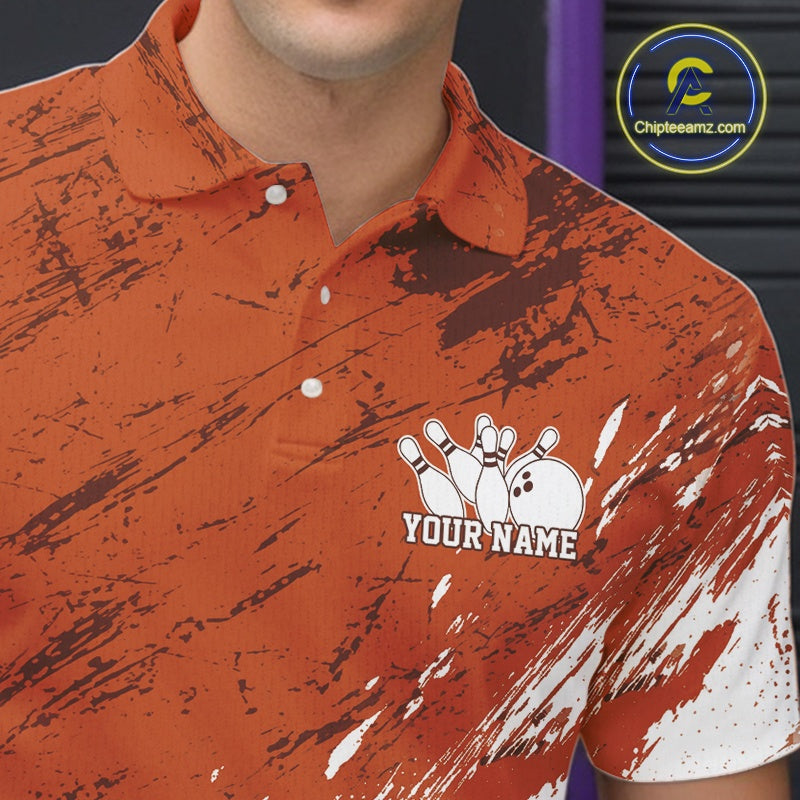 Orange polo shirt with a bowling design and customizable text, brand 'Chipteeamz' visible.