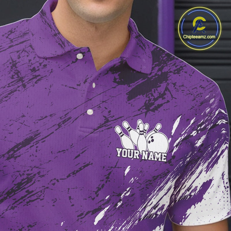 Purple polo shirt with a bowling design and customizable text, featuring the Chipleemazz.com logo.