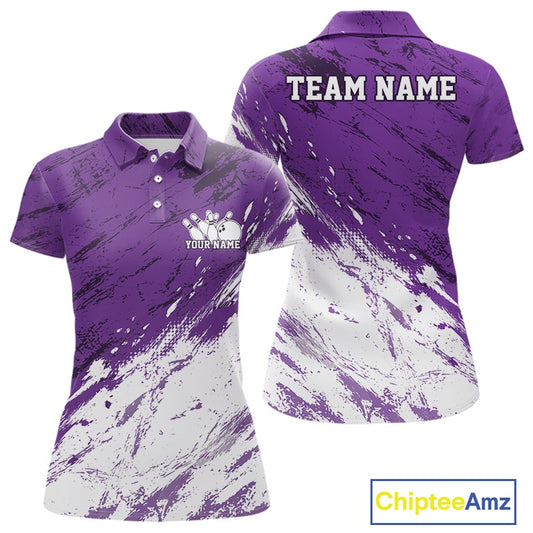 Front and back views of a women's bowling polo shirt featuring a white and purple paint splatter distressed sportswear design.
