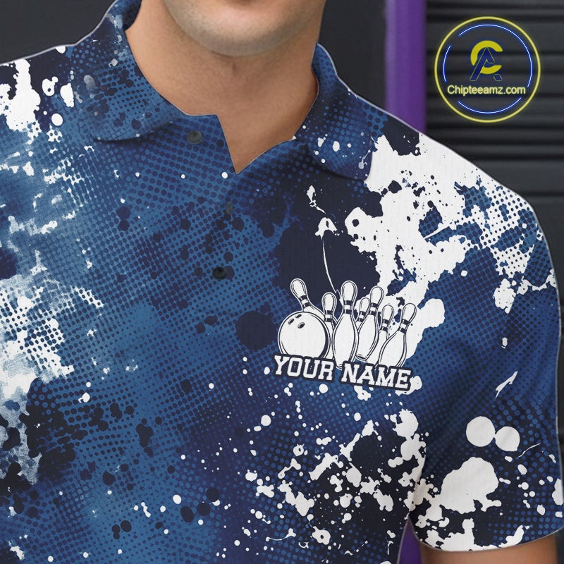 Blue and white patterned polo shirt with bowling design and 'Your Name' text, brand logo visible.