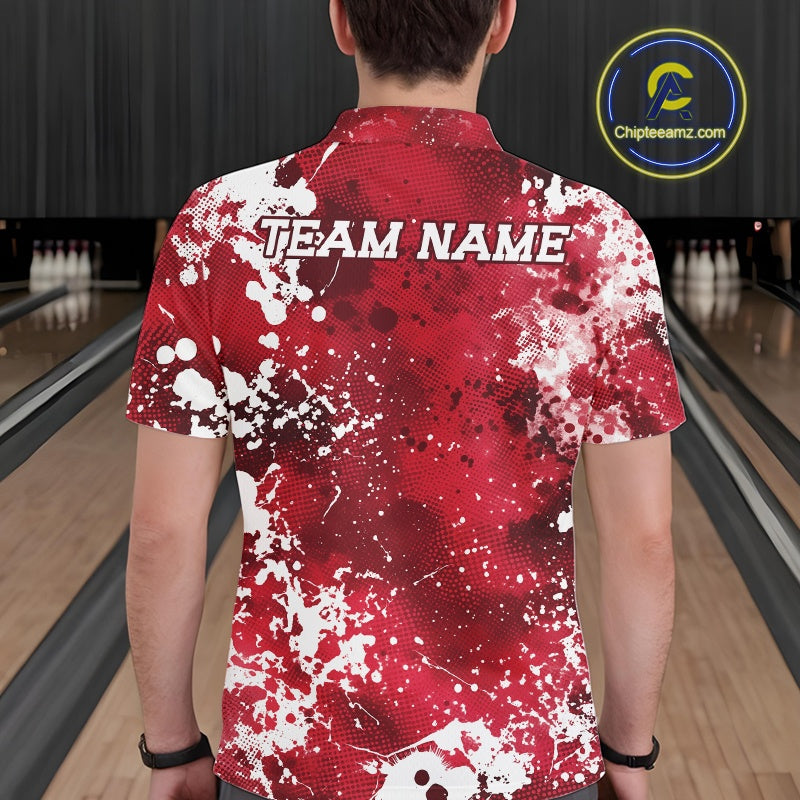 Person wearing a red and white bowling shirt with 'TEAM NAME' on a bowling alley.