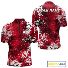 Load image into Gallery viewer, Red and white patterned quarter-zip bowling shirt with 'Team Name' and 'Your Name' text