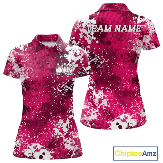 Pink polo shirt with white splatter design, 'Team Name' and 'Your Name' text, Chiptee Amz branding.