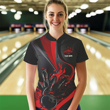 Load image into Gallery viewer, Red And Black Flame Bowling Team Shirts, Bowling Short Sleeve Quarter Zip Shirts For Women IPHW6755