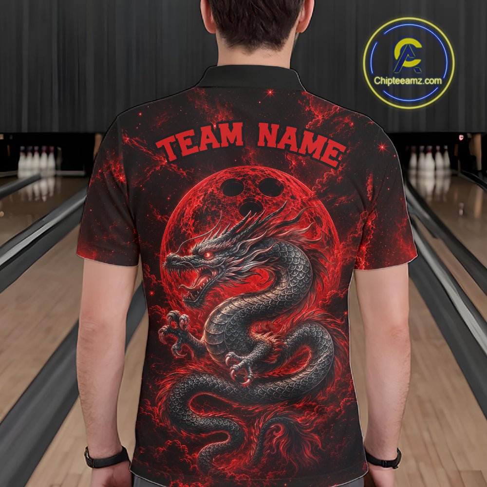 Back view of a male model in a bowling alley wearing a red custom bowling polo shirt featuring an ancient dragon, flames, and a moon-inspired bowling ball design.