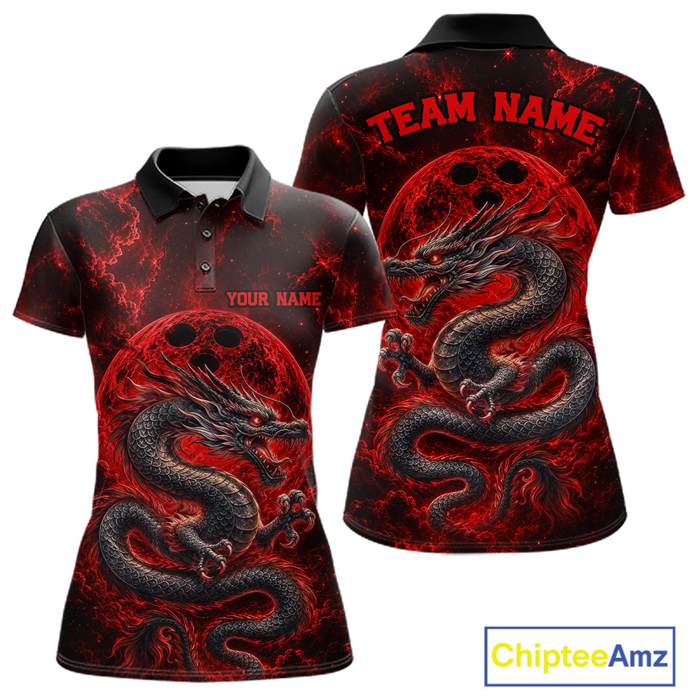 Front and back views of a red custom women's bowling polo shirt featuring an ancient dragon, flames, and a moon-inspired bowling ball design.