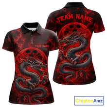 Load image into Gallery viewer, Front and back views of a red custom women's bowling polo shirt featuring an ancient dragon, flames, and a moon-inspired bowling ball design.