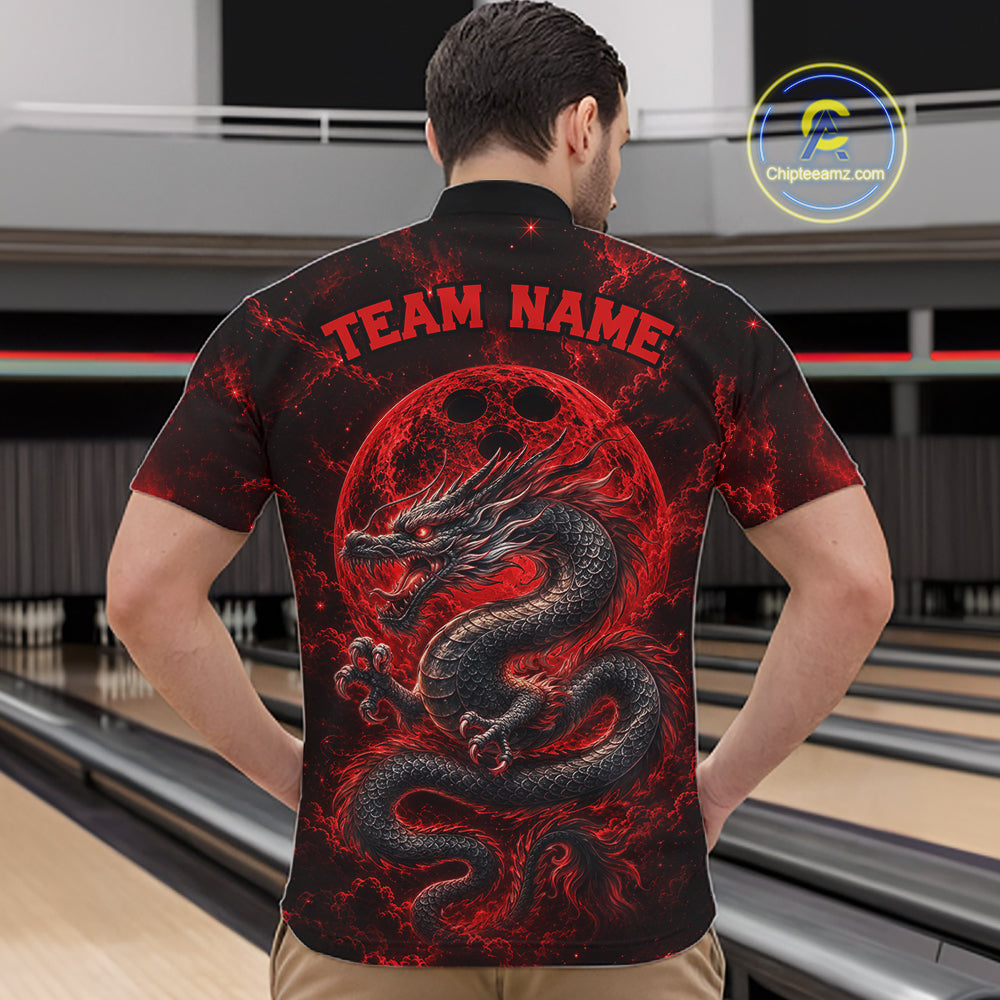 Back view of a male model in a bowling alley wearing a red custom quarter-zip bowling shirt featuring an ancient dragon, flames, and a moon-inspired bowling ball design.