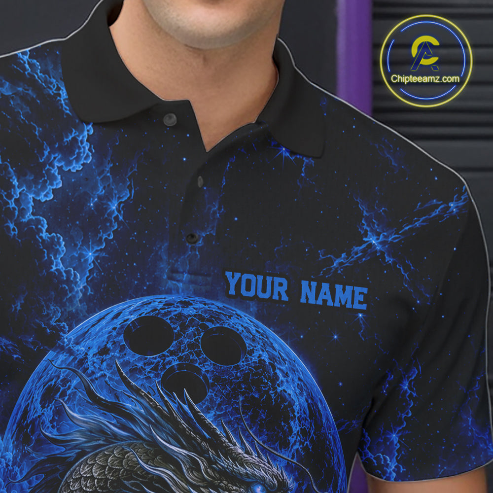 Close-up front view of the left chest area on a blue custom bowling polo shirt featuring an ancient dragon, flames, and a moon-inspired bowling ball design.