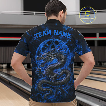 Back view of a male model in a bowling alley wearing a blue custom quarter-zip bowling shirt featuring an ancient dragon, flames, and a moon-inspired bowling ball design.