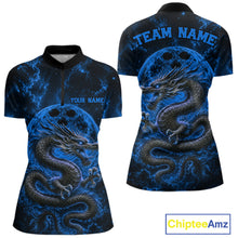 Load image into Gallery viewer, Front and back views of a blue custom women's quarter-zip bowling shirt featuring an ancient dragon, flames, and a moon-inspired bowling ball design.