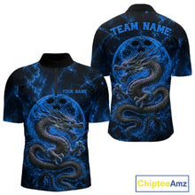 Load image into Gallery viewer, Front and back views of a blue custom quarter-zip bowling shirt featuring an ancient dragon, flames, and a moon-inspired bowling ball design.
