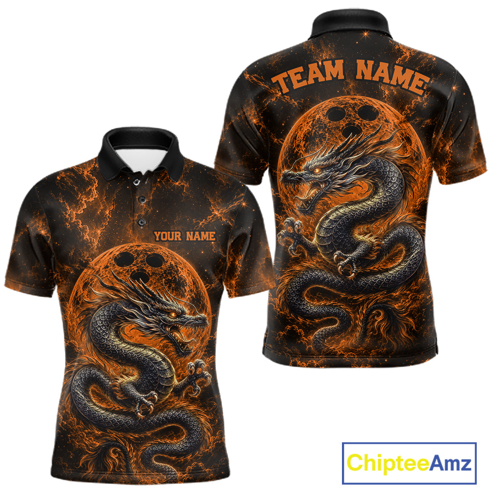 Front and back views of an orange custom men's bowling polo shirt featuring an ancient dragon, flames, and a moon-inspired bowling ball design.