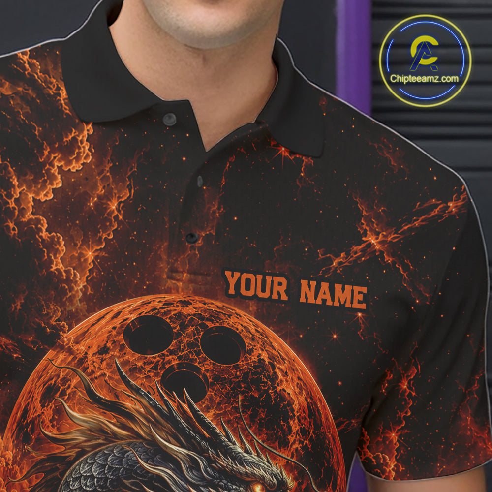 Close-up front view of the left chest area on an orange custom bowling polo shirt featuring an ancient dragon, flames, and a moon-inspired bowling ball design.