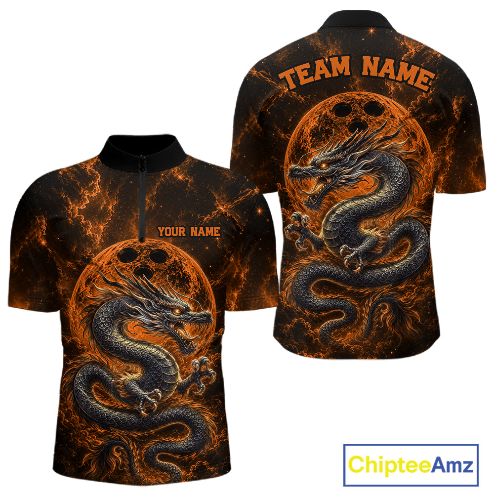 Front and back views of an orange custom quarter-zip bowling shirt featuring an ancient dragon, flames, and a moon-inspired bowling ball design.