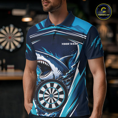 Custom Blue Shark With Broken Dartboard Darts Team Polo Shirt For Men, Darts League Shirt IPHW11736