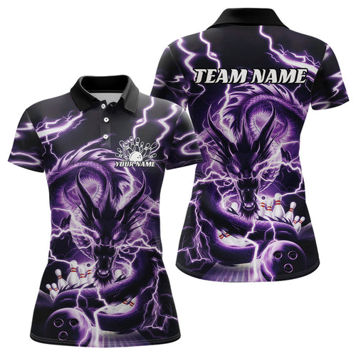 Custom Black And Purple Thunder Lightning Dragon Bowling Team Polo Shirts For Women IPHW8077