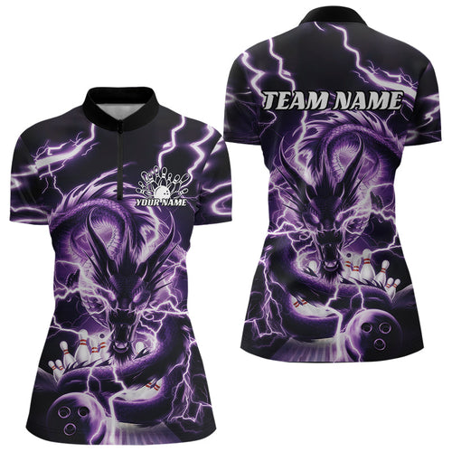 Custom Black And Purple Thunder Lightning Dragon Bowling Team Quarter-Zip Shirts For Women IPHW8077