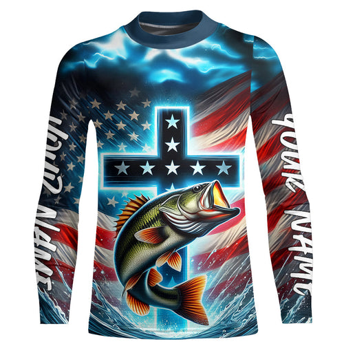 Custom Faith Largemouth Bass Patriotic Kid Long Sleeve Tournament Fishing Shirt IPHW8082