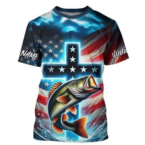 Custom Faith Largemouth Bass Patriotic Long Sleeve Tournament Fishing Shirt, Bass Fishing Jersey IPHW8082