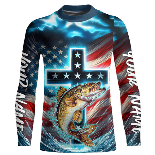 Custom Faith Walleye Patriotic Kid Long Sleeve Tournament Fishing Shirt, Walleye Fishing Jersey IPHW8083