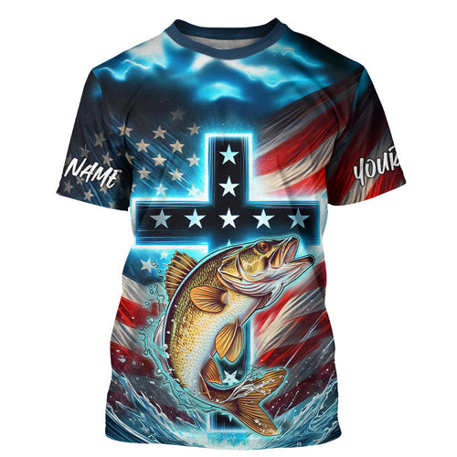 Custom Faith Walleye Patriotic Long Sleeve Tournament Fishing Shirt, Walleye Fishing Jersey IPHW8083