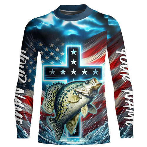 Custom Faith Crappie Patriotic Kid Long Sleeve Tournament Fishing Shirt, Crappie Fishing Jersey IPHW8084