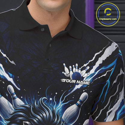 Custom Black And Blue Lion Bowling Jerseys, Lion Bowling Tournament Men Polo Shirt IPHW10352
