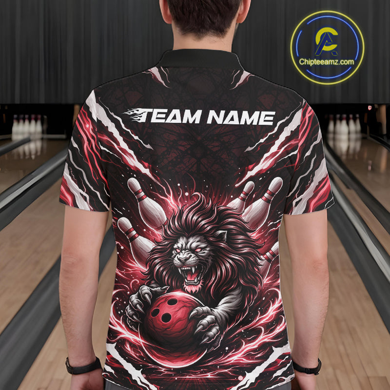 Custom Black And Red Lion Bowling Jerseys, Lion Bowling Tournament Men Polo Shirt IPHW10353
