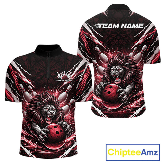 Custom Black And Red Lion Bowling Jerseys, Lion Bowling Tournament Men Quarter-Zip Shirt IPHW10353